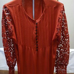Elegant Red Lace Sleeve Women's Top Sz XL